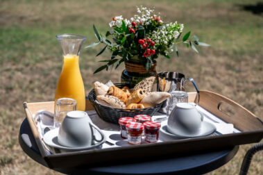 Hôtel Le Patio Occitan présentant le petit déjeuner sur la terrasse ensoleillée