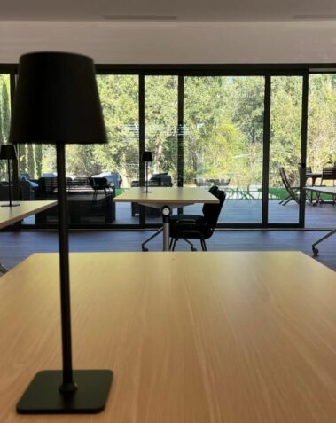 LA GALERIE EN MODE REUNION -VUE SUR LE JARDIN DU PAVILLON OCCITAN DE L'HOTEL LE PATIO OCCITAN